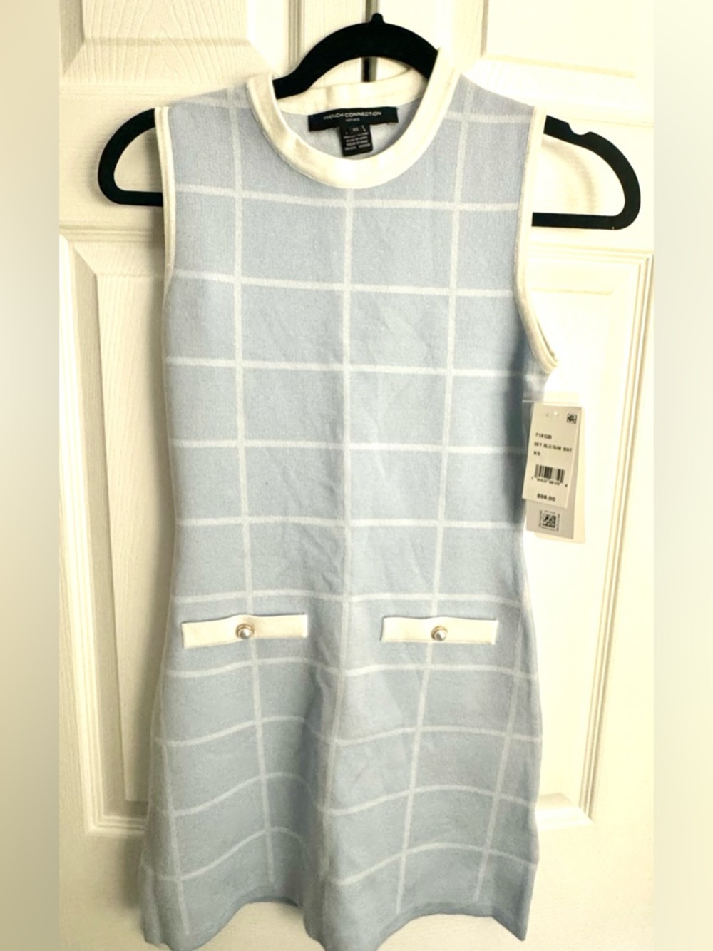 French Connection Light Blue Windowpane Knit Dress with White Trim